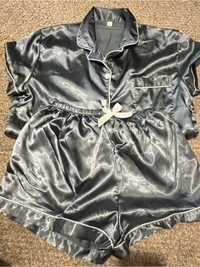 Silky Dusty Blue Satin Short Pajama Set
